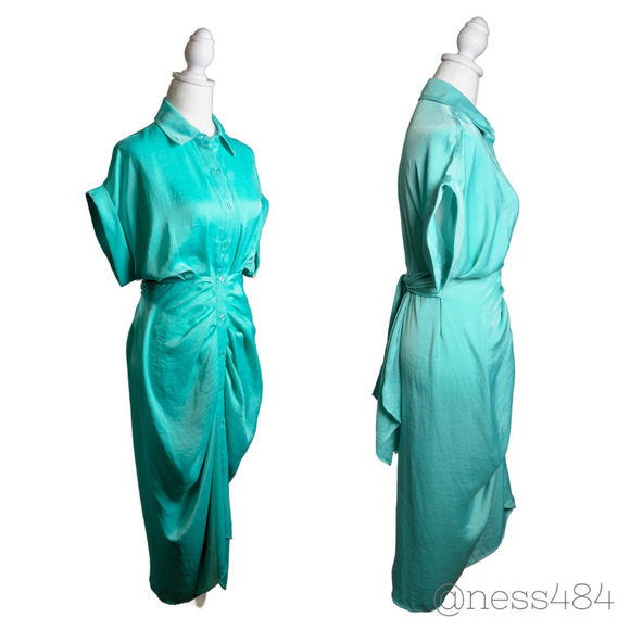 Steve Madden Turquoise Satin Shirt Dress Tie Waist Ruched Midi Size 2 - Picture 4 of 5